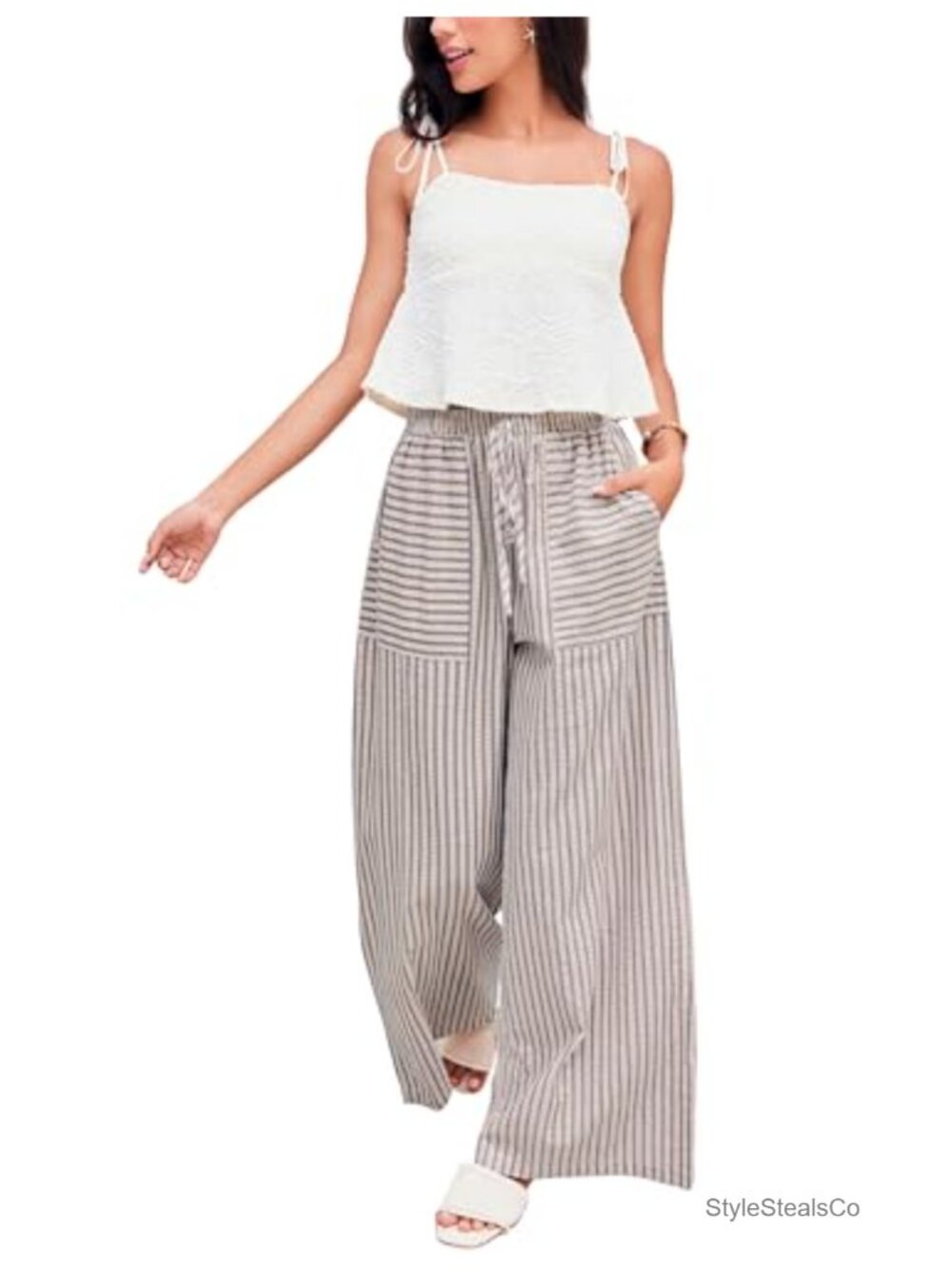 Women's Striped Wide Leg Cotton Palazzo Pants Drawstring High Waist Casual